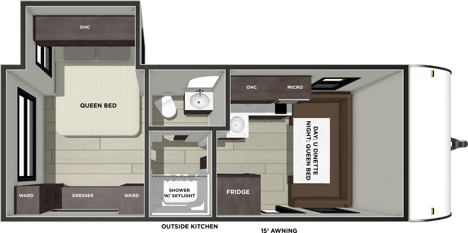 The Wildwood FSX 169RSK floorplan has one entry and one slide out. Exterior features include: fiberglass exterior, 15' awning and outside kitchen. Interiors features include: u-dinette, rear bedroom and front living.